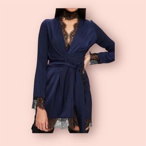 Carli Bybel x Missguided navy blue satin black eyelash lace tie cocktail dress